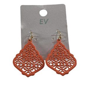 EV Earrings Lattice Metal Peachy Orange Enamel Dangle Teardrop Shape 2" Long